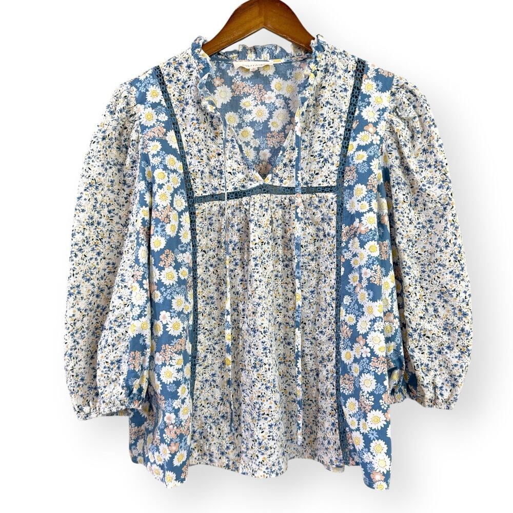 Solitaire Blue Floral Lace Embroidered Blouse L Puff Sleeve Peasant Cottage Boho